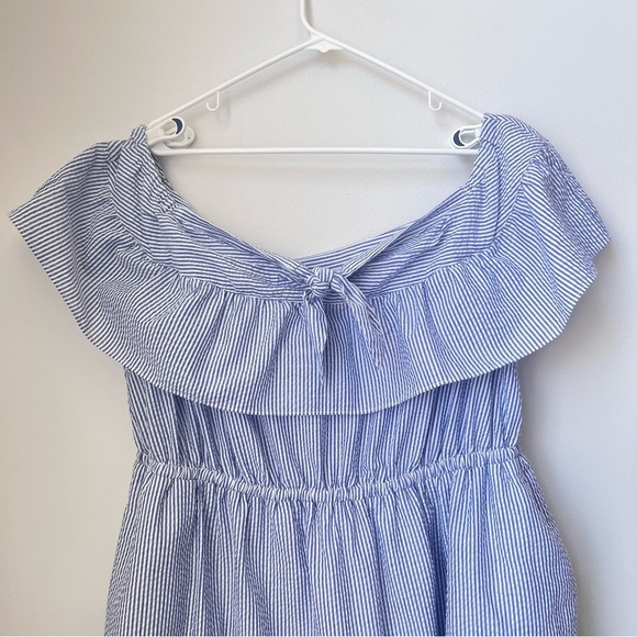 Eloquii Off the Shoulder Seersucker Dress Women's 18 Ruffle Overlay Blue White - Picture 3 of 12